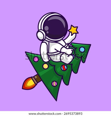 Charming vector illustration of a cute astronaut flying into space on a Christmas tree-shaped rocket while holding a glowing star of hope.