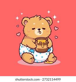 Ilustração vetorial encantadora de um urso bebê bonito usando uma fralda e segurando um pote de mel, cercado por corações e brilhos.