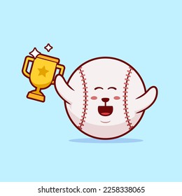 A charming vector illustration of a cute baseball ball mascot holding a trophy, celebrating its championship win. The design features a joyful character with a big smile.
