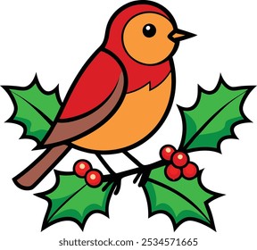 A charming vector illustration of a cute bird perched on bright Christmas berries, surrounded by festive greenery. The vibrant colors and playful design evoke a cheerful holiday spirit