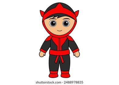 Charming vector illustration of a cute boy in a red and black ninja costume, perfect for creative designs, children's projects, and festive events