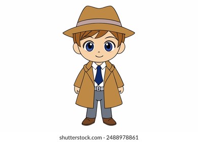 Charming vector illustration of a cute boy in a detective costume. Perfect for designs needing an adorable character with a playful and mysterious touch