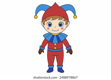 Charming vector illustration of a cute boy in a colorful medieval jester costume, perfect for playful and whimsical design projects