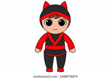 Charming vector illustration of a cute boy in a red and black ninja costume, perfect for creative designs, children's projects, and festive events