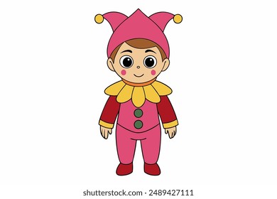 Charming vector illustration of a cute boy in a colorful medieval jester costume, perfect for playful and whimsical design projects