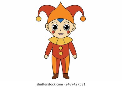 Charming vector illustration of a cute boy in a colorful medieval jester costume, perfect for playful and whimsical design projects