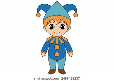 Charming vector illustration of a cute boy in a colorful medieval jester costume, perfect for playful and whimsical design projects