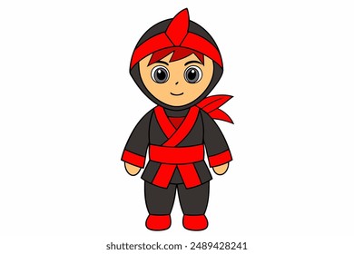 Charming vector illustration of a cute boy in a red and black ninja costume, perfect for creative designs, children's projects, and festive events