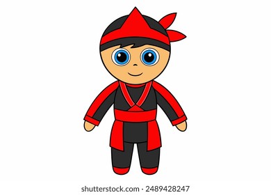 Charming vector illustration of a cute boy in a red and black ninja costume, perfect for creative designs, children's projects, and festive events