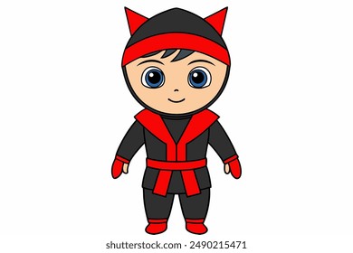 Charming vector illustration of a cute boy in a red and black ninja costume, perfect for creative designs, children's projects, and festive events