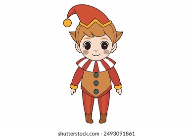 Charming vector illustration of a cute boy in a colorful medieval jester costume, perfect for playful and whimsical design projects