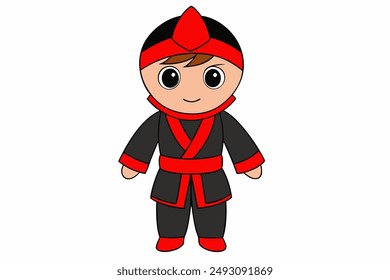 Charming vector illustration of a cute boy in a red and black ninja costume, perfect for creative designs, children's projects, and festive events