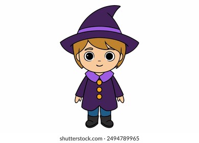 Charming vector illustration of a cute boy in a witch costume. Perfect for Halloween-themed projects and playful designs. Ideal for adding a whimsical touch to your creative work