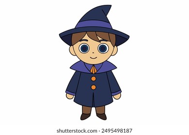 Charming vector illustration of a cute boy in a witch costume. Perfect for Halloween-themed projects and playful designs. Ideal for adding a whimsical touch to your creative work