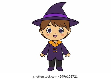 Charming vector illustration of a cute boy in a witch costume. Perfect for Halloween-themed projects and playful designs. Ideal for adding a whimsical touch to your creative work