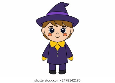 Charming vector illustration of a cute boy in a witch costume. Perfect for Halloween-themed projects and playful designs. Ideal for adding a whimsical touch to your creative work