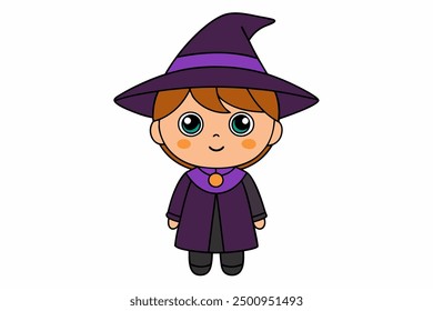 Charming vector illustration of a cute boy in a witch costume. Perfect for Halloween-themed projects and playful designs. Ideal for adding a whimsical touch to your creative work