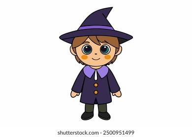 Charming vector illustration of a cute boy in a witch costume. Perfect for Halloween-themed projects and playful designs. Ideal for adding a whimsical touch to your creative work