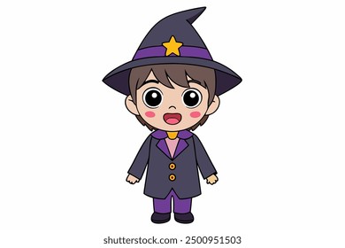 Charming vector illustration of a cute boy in a witch costume. Perfect for Halloween-themed projects and playful designs. Ideal for adding a whimsical touch to your creative work