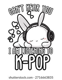 Um vetor encantador ilustração de um coelho bonito usando fones de ouvido e ouvindo K-Pop, cercado por corações e texto lúdico.