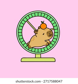 Una encantadora Ilustración vectorial de un bonito capibara corriendo enérgicamente dentro de una rueda mientras equilibra cuidadosamente una naranja en su cabeza.