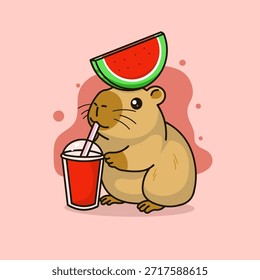 Eine charmante Vektorgrafik einer niedlichen Capybara, die gerne frischen Wassermelonensaft genießt, während sie ein Stück Wassermelone auf dem Kopf balanciert.