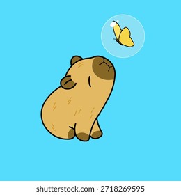 A charming vector illustration of a cute capybara being visited by a bright yellow butterfly inside a transparent bubble.