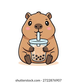 Charmante Vektorgrafik einer niedlichen Capybara sitzend und glücklich genießen einen kalten Boba-Tee mit einem Stroh, komplett mit Tapioka-Perlen. Ideal für fröhliche Tiermotive und Getränkekonzepte.