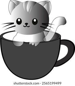 A charming vector illustration of a cute cat sitting inside a mug. Perfect for use in creative projects such as greeting cards, posters, t-shirts, and other print or digital media. High-quality.