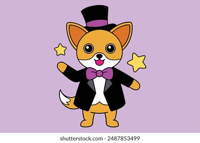 Charming vector illustration of a cute dog as a magician performing tricks. Perfect for adding a playful and whimsical touch to your projects. High-quality design for use."