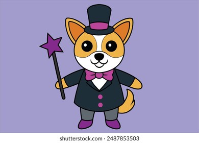 Charming vector illustration of a cute dog as a magician performing tricks. Perfect for adding a playful and whimsical touch to your projects. High-quality design for use."