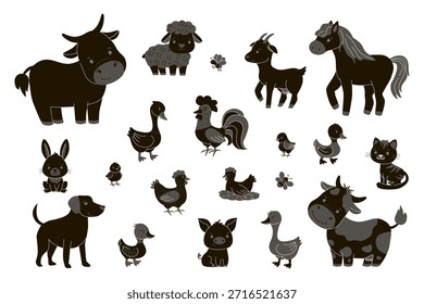 Charming vector illustration of cute farm animals, including a cow, sheep, goat, horse, and more, ideal for children s educational materials, decor, or playful designs.