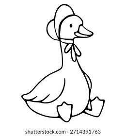 Charming vector illustration of a cute goose wearing a bonnet and bow, sitting on white background.