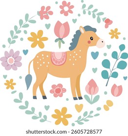 A charming vector illustration of a cute horse surrounded by pastel-colored flowers and leaves. Perfect for nursery designs, children's products, and spring-themed projects.