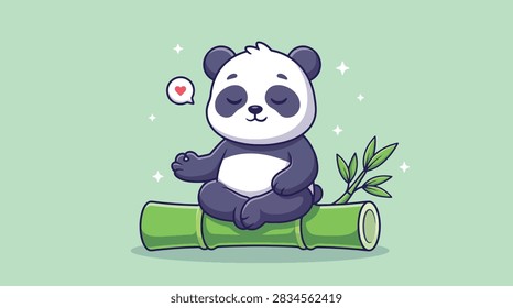 A charming vector illustration of a cute panda bear sitting in a lotus position on a bamboo stalk while meditating peacefully.