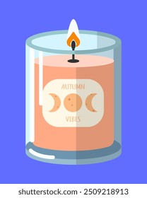 A charming vector illustration of a cute pink candle adorned with moon phases and the text "Autumn Vibes"