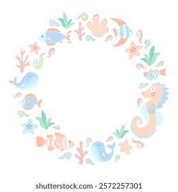 Charming vector illustration of cute sea creatures forming a circle on white background