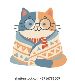 A charming vector illustration depicting a contented cat wearing glasses, nestled warmly in a patterned blanket and scarf, exuding comfort and relaxation.