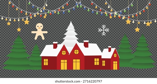 A charming vector illustration depicting a festive Christmas setting. Features a red house with snow-covered roof, green Christmas trees, a floating gingerbread man cookie, a white snowflake, and stri