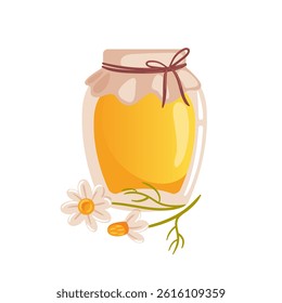 A charming vector illustration depicting a jar of wildflower honey alongside a delicate chamomile flower. The warm honey glows in the light, highlighting the natural beauty and sweet essence of nature