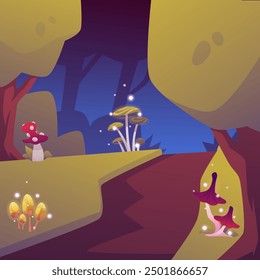 Charming vector illustration depicting magical shiny mushrooms in the thicket of the night forest. Perfect for a fantasy game with a touch of magic.