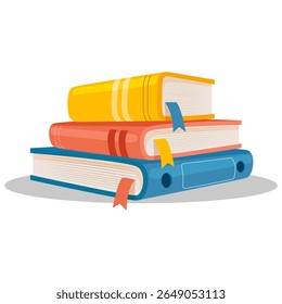Charming vector illustration depicting a neat stack of colorful books with visible bookmarks. Represents education, learning, knowledge, and leisure reading.