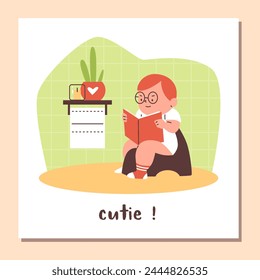 A charming vector illustration depicting a scene in the bathroom of a focused little boy reading a book and getting used to the potty. A healthy hygiene image for children's books.