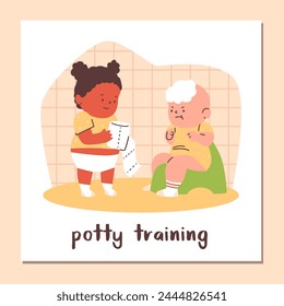 A charming vector illustration depicting a scene in a bathroom, a focused little boy diligently teaches himself to a potty, next to him a girl who holds toilet paper