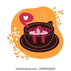 Charming vector illustration depicting a tranquil moment of a person soaking in a coffee cup with a love heart speech bubble.