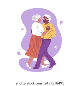 Charming vector illustration depicts an elderly African American man dancing with an elderly woman. Elderly characters on a purple background reflect common moments of leisure and relaxation.