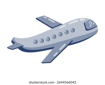 La encantadora Ilustración vectorial representa un avión de pasajeros estilizado en un estilo de diseño plano moderno. El avión presenta un cuerpo gris con sutiles acentos azules. Es perfecto para proyectos infantiles educa