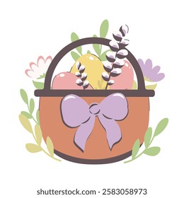 A charming vector illustration of an Easter basket filled with colourful eggs, featuring a festive and minimalist design, perfect for holiday decorations, greeting cards, and seasonal graphics.