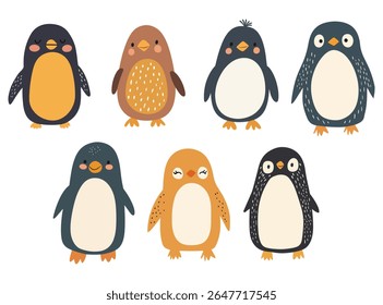 Charmosa ilustração vetorial de oito personagens pinguins caprichosos em tons de preto, cinza, marrom e laranja com bochechas rosadas e texturas de manchas simples. Perfeito para decoração infantil, cartões de felicitações,