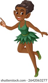 Charming vector illustration of a fairy with a green leaf dress, vibrant colors, and dynamic pose. Perfect for fantasy themes
